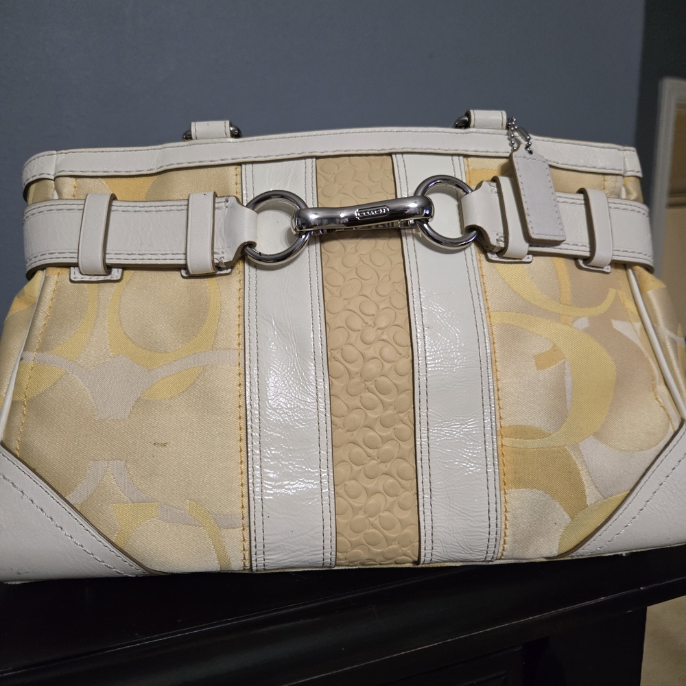Coach Tan and White Shoulder Bag with Signature Monogram